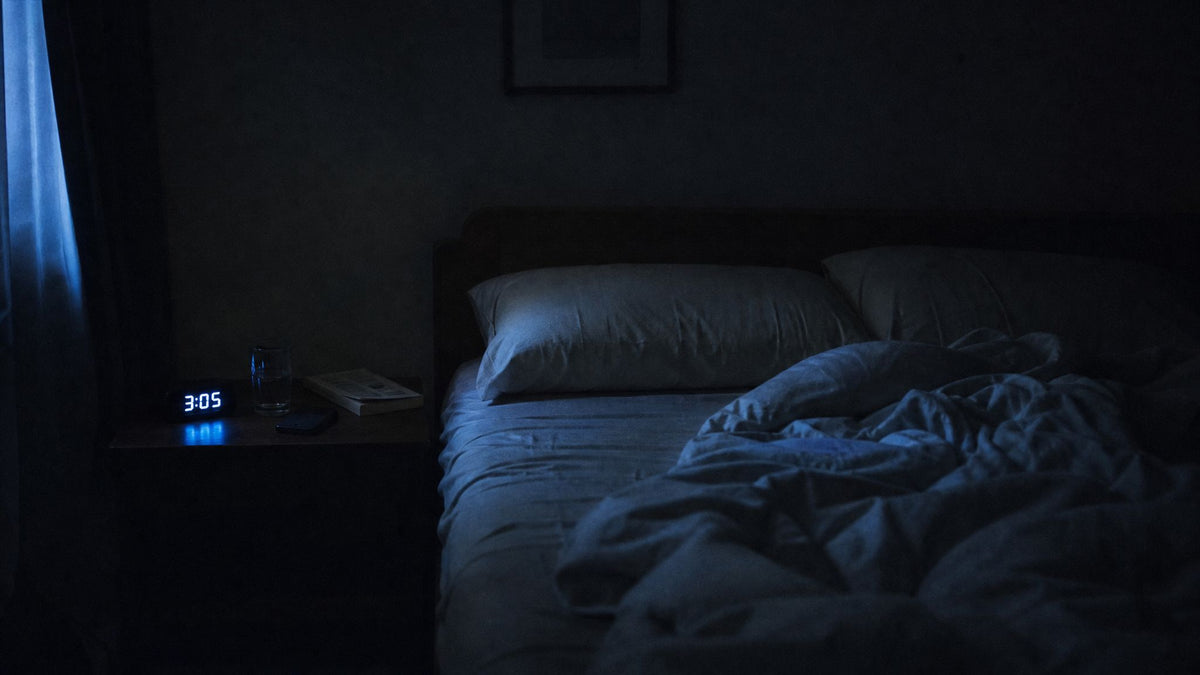 A dark bedroom in the early hours, sheets pushed back on one side of the bed and a book left face down on the nightstand.