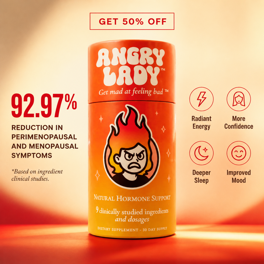 Angry Lady offer product hero with fifty percent off, symptom reduction, and benefit callouts
