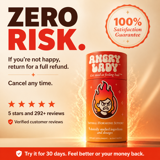 Zero risk guarantee card with Angry Lady product and refund promise