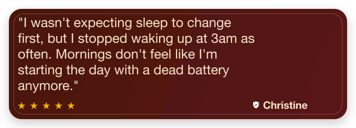 Five-star review from Christine A: I wasn't expecting sleep to change first, but I stopped waking up at 3am as often. Mornings don't feel like I'm starting the day with a dead battery anymore.